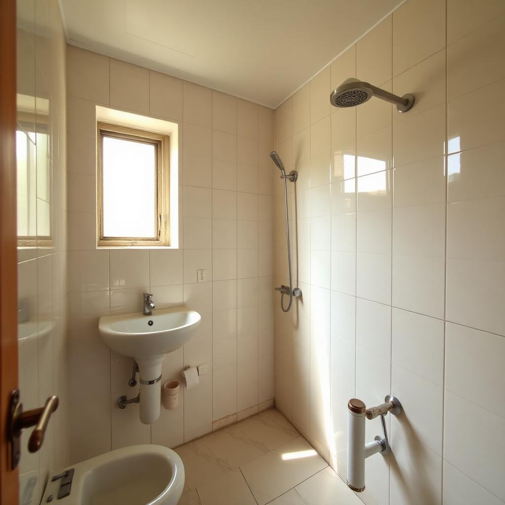 Finished bathroom with glossy tiles, washbasin and shower