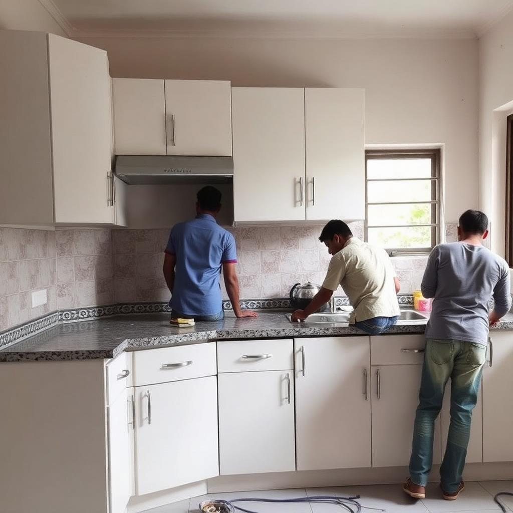 Granite counter and cabinets being installed during a kitchen renovation
