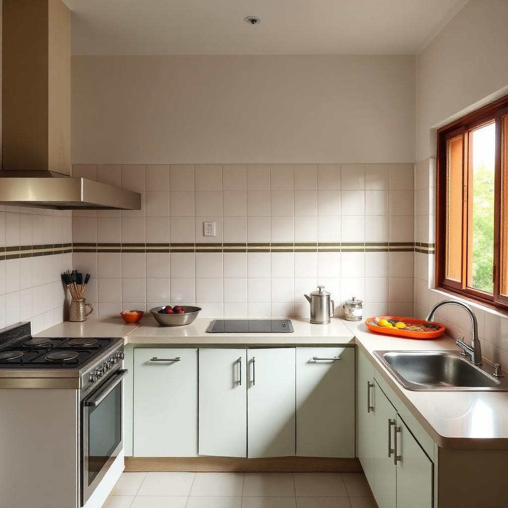 Finished compact kitchen with tiled backsplash and steel sink